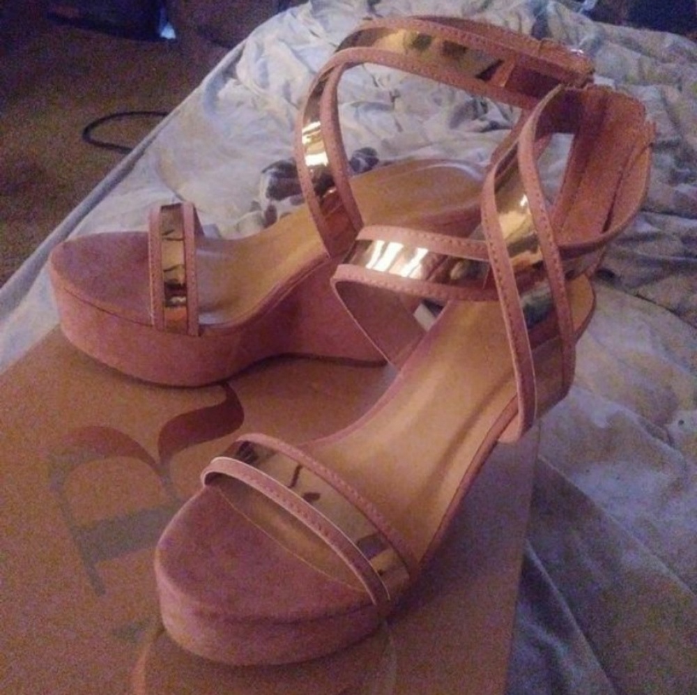 Pink Suede Strap Wedge Heels